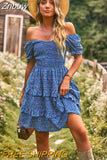 Znbbw Women's Summer Dress Elegant Floral Print Vintage Mini Dress Clothes V-Neck Puff Sleeve Ruffles Sexy Cake Dresses for Women 2023