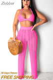 Znbbw Sexy Hollow Out Knitted Pant Suits Women Crochet Crop Top And Wide Led Pants Summer Two Piece Set Ladies Casual Beachwear