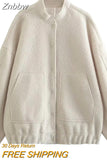 Znbbw TRAF 2023 Women Oversized Bomber Jackets Coat Pockets Vintage Stand Neck Long Sleeves Female Chic Outwears