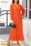 znbbw Chic Elegant Woman Dress Spring Summer Loose Comfortable Long Sleeves V Neck Long Dresses For Woman Vintage Hot Pink Dress