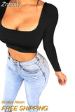 Znbbw Spring Crop Top Long Sleeve Women Black Sexy Shirt White Square Neck Casual Tee Top Mujer Ladies