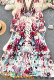 Znbbw Women Deep V-Neck Bohemian Style Dress Spring Summer Runway Long Sleeve Casual Floral Print Ruffles Sweet Cascading Vestidos