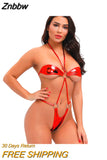 Znbbw micro bikini swimwear women swimsuit one piece biquini bikinis Patent leather Bright light Halter String Lace Show buttocks