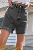 Znbbw High Waist Frayed Hem Solid Denim Shorts Women Summer Streetwear 2023 Zipper Fly Pockets Fashion White Jean Shorts