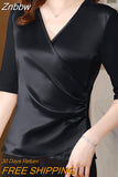 Znbbw Satin Shirts Women Simple Comfortable V-Neck Fashion Woman Blouses 2023 Elegant Ladies Casual Short Sleeve Tops Blusas