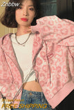 Znbbw Preppy Style Pink Sweatshirts Leopard Print Y2K Harajuku Oversized Hoodies Women Vintage Zipper Cropped Top Cute Jacket