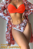 Znbbw Women Gauze Floral Printed Bikini Swimwear Set Full Sleeve Cover Up Three Pieces Sets 2023 Fashion Summer Beach Bathing Suit