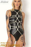 Znbbw Faux Leather PU Black Bodysuit Women Bandage Rope Harness Lingerie Sleeveless Bodycon Rompers 2023 Cosplay Safari One Piece