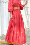 znbbw Women Floral Printed Lantern Long Sleeve Sundress Female Vintage Cake Loose Beach Dress Elegant Cascading Ruffles Cover-Ups