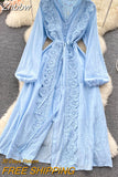 Znbbw Autumn Women's Vintage Long Sleeve Dress Solid Color Bellflower French Lace Up Waist Single Breasted Long Dress