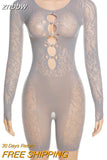 znbbw Summer Solid Hollow Out One Pieces Rompers Club For Women 2023 Long Sleeve See Through Slim Playsuits Elastic Activewear