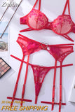 Znbbw Love Red Lingerie Sexy Bra And Panty Set 3-Pieces Luxury Lace Fancy Underwear Thongs Garters Erotic Intimate Set