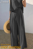 Znbbw Summer Cotton Women's Pajamas Set Sleeveless O-Neck Tank Top Wide Leg Pants Two Piece Sets Women Home Suit Oversize Outfits