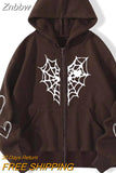 Znbbw Zip Hoodies Rhinestone Spider Print Oversized Goth Hoodie Men's Harajuku Punk Grunge Sweatshirt Jacket Y2k Hip Hop Jacket