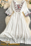 Znbbw Dress New Holiday Bohemian Dress Ethnic Style Cotton Linen Embroidery Lace Waist O- Neck Flared Sleeve Dress GD702