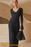 znbbw Knit V-Neck Flared Sleeve Dress Women Lace Up Elegant Loose Long Female Dresses 2023 Autumn Casual Solid Ladies Vestidos