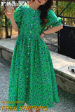 Znbbw Casual Vestidos Floral Dresses Ladies Short Sleeve Retro Print Long Dress Female 2023 M-4XL Loose Green Women Dress 15686