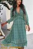 Znbbw Summer Dress Women 2023 Ruffles Print V Neck Chiffon Midi Dress Wrist Flare Sleeve Empire Holiday Beach Dresses Woman