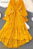 znbbw Autumn New Holiday Style Ankle Length Long Dresses Women Sexy V Neck Puff Sleeve Lace Elegant Evening Party Summer Dress