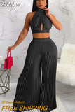 Znbbw Women Pleated Halter Lace Up Sleeveless Pant Suits 2023 Summer New Party Outfits Lady Fashion Top Wide Leg Pants Two Piece Set