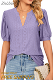 Znbbw Solid Lace Woman Shirt Elegant Hollow Puff Short Sleeve Pullover Blouse Women Casual V-neck Loose Lady Tops Blusas 24698