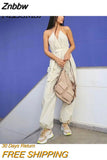 Znbbw TRAF Summer Women Fashion Halter Neck V Neck Sexy Open Back Stretch High Waist Casual Pocket Jumpsuit