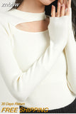 znbbw 2023 Winter New Bottoming Women Sweater Korea Style Slim Long Sleeve Hollow Out O Neck Strecth Ladies Knit Basic Pullover