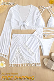 Znbbw 4 Piece Lace Up Bikinis Set Women Swimsuit with Skirt Swimwear 2023 New Female Push Up Bikini Solid Beachwear Bathing Suit