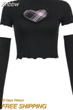 Znbbw Women Girls Sweet Sexy Punk Plaid Heart Patchwork T-Shirts Short Sleeve O Neck Slim Fit Casual Crop Top With Sleeve Streetwear