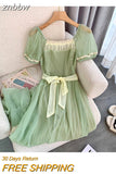 znbbw Summer Fairycore Backless Square Collar Bow Lace-up Green Long Dresses Women High Waist Chiffon Loose Evening Dress