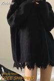 Znbbw Gothic Style Punk Black Knitted Sweater Women Oversize O-neck Goth Grunge Knit Pullover Korean Fashion Long Sleeve Tops