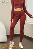 Znbbw Fitness Pencil Pants Suits Fashion Outfit Long Sleeve Crop Top and Trousers Two Piece Set Autumn T Shirt Women Clothes