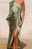 Znbbw Asymmetric Long Dress New Autumn Women's Off Shoulder Lantern Sleeve Party Dress Elegant Lace Up Waist Satin Slim Fit Dress