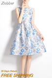 Znbbw Dress for Women 2023 Elegant High Waist Floral Sleeveless Vest Vintage Dress Above Knee Mini Tank O-Neck Club Dresses