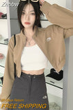 Znbbw Korean Fashion Black Zipper Cropped Hoodies Women Gothic Grunge Graphic Print Sweatshirts Long Sleeve Sport Tops Jacket