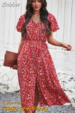 Znbbw Dress Women 2023 New V Neck Button Vintage Floral Printed Bohemian Maxi Dresses Woman Casual Beach Holiday Dress Vestido