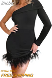 Znbbw Feather Black Women Party Dresses Spring Autumn Long Sleeve Round Neck Mini Dress 2023 Female Elegant Club Evening Vestido