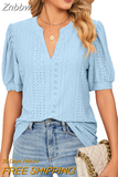 Znbbw Solid Lace Woman Shirt Elegant Hollow Puff Short Sleeve Pullover Blouse Women Casual V-neck Loose Lady Tops Blusas 24698