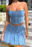 Znbbw Women Blue Denim 2 Piece Skirt Set Sexy Cropped Strapless Tube Top and Pleated Short Skirt Set Summer Party Club Outfits