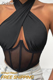 Znbbw Sexy Hollow Out Criss-Cross Halter Mesh Corset Top Women Clubwear 2023 Summer Clothes Backless Black Tank Tops