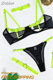 Znbbw Lingerie Sexy Hollow Out 4-Piece Exotic Costumes Sensual See Through Setup For Woman Neon Green Porn Sissy Outfits