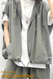 Znbbw Harajuku Hooded Sleeveless Cardigan Women Vintage Hip Hop Zipper Oversized Cargo Vest Japan Style Casual Thin Jackets