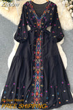 Znbbw Summer Ethnic Style Waist Slim Embroidery V-neck Dress Female Black Seaside Holiday Bohemian Vestidos Women D1491