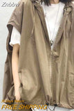 Znbbw Harajuku Hooded Sleeveless Cardigan Women Vintage Hip Hop Zipper Oversized Cargo Vest Japan Style Casual Thin Jackets