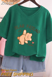 Znbbw 100% Cotton L-5XL Plus Size T Shirt Bunny Print V Neck Tshirt Short Sleeve Women Top Basic Summer Couple Solid T Shirts