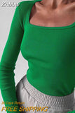 Znbbw Square Neck Long Sleeve T Shirts Women Knitted Autumn Winter Black Ribbed Basic Top Female Sexy Casual Slim Shirt