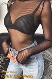 Znbbw Stand Collar See-Through Striped Mesh Transparent Sexy Bodysuit Women Spring Long Sleeve Backless Party Night Clubwear