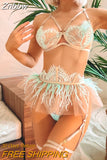 Znbbw Feather Delicate Lingerie Sexy Underwear Luxury Lace Set Woman 3 Pieces Sissy Bilizna Outfit Intimate Exotic Sets