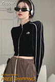 Znbbw Korean Fashion Black Zipper Cropped Hoodies Women Gothic Grunge Graphic Print Sweatshirts Long Sleeve Sport Tops Jacket