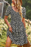 Znbbw Women's Summer Dress Elegant Floral Print Vintage Mini Dress Clothes V-Neck Puff Sleeve Ruffles Sexy Cake Dresses for Women 2023